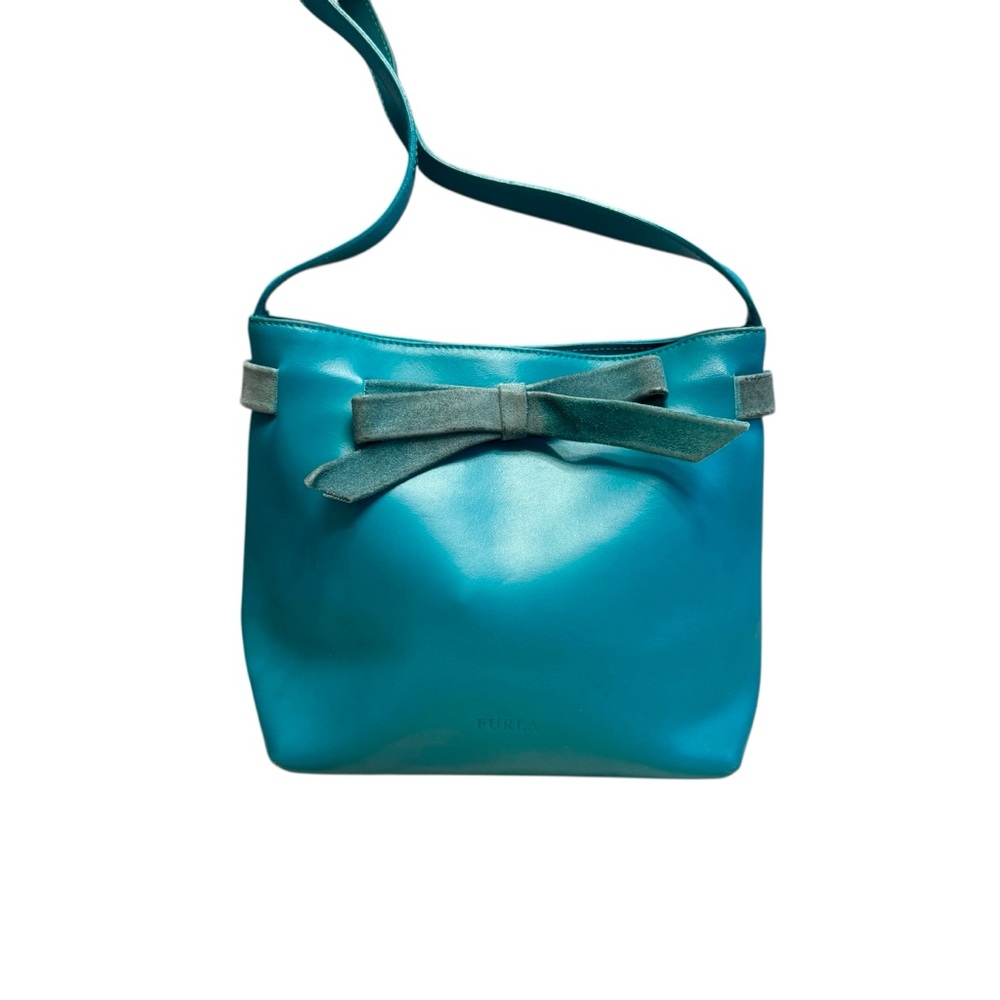 Vintage Furla Turquoise Blue Leather Suede Bow Shoulder Bag Quiet Luxury Fun